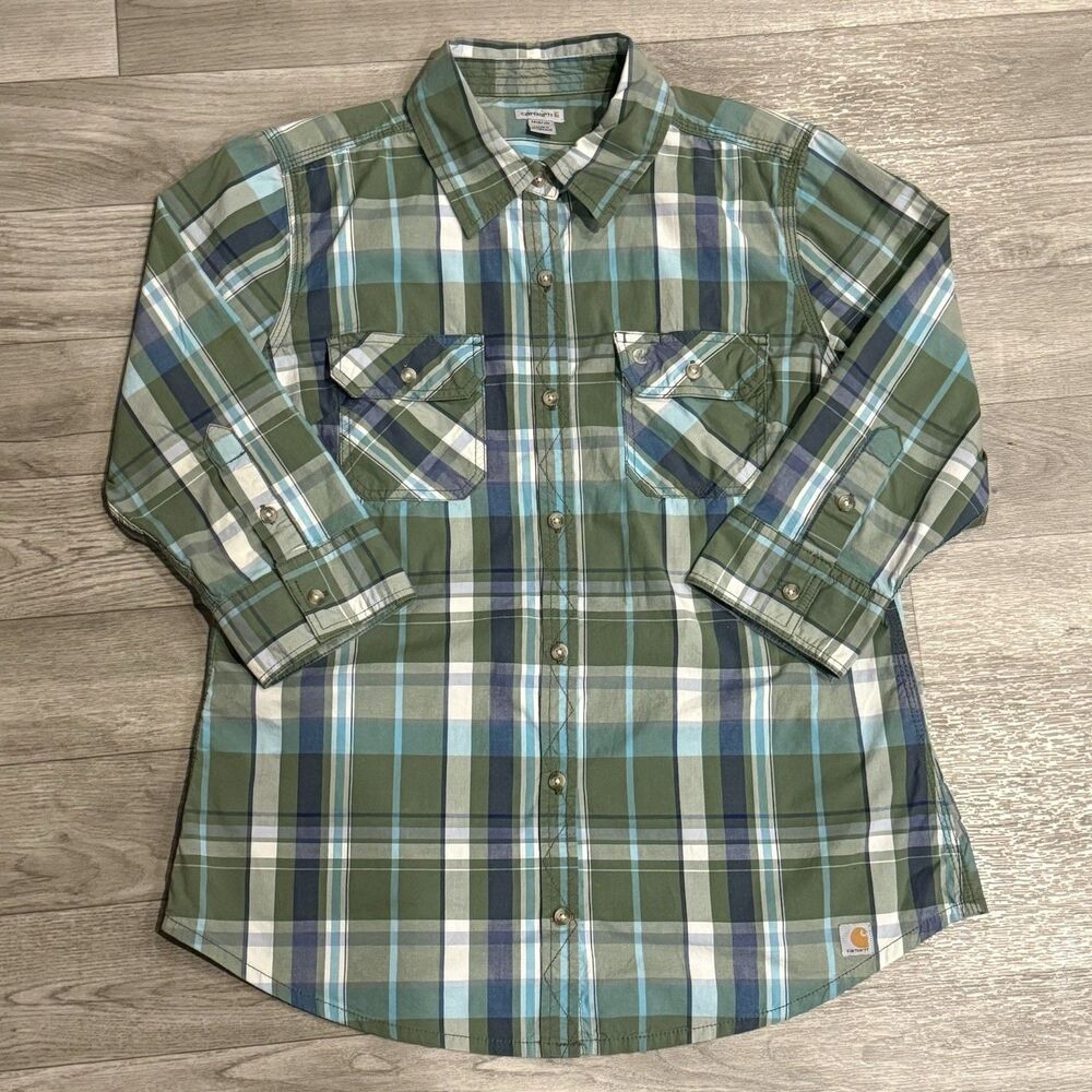 Carhartt Flannel Plaid Button Down Shirt Womens Sz M 8/10 Green Blue Outdoors
